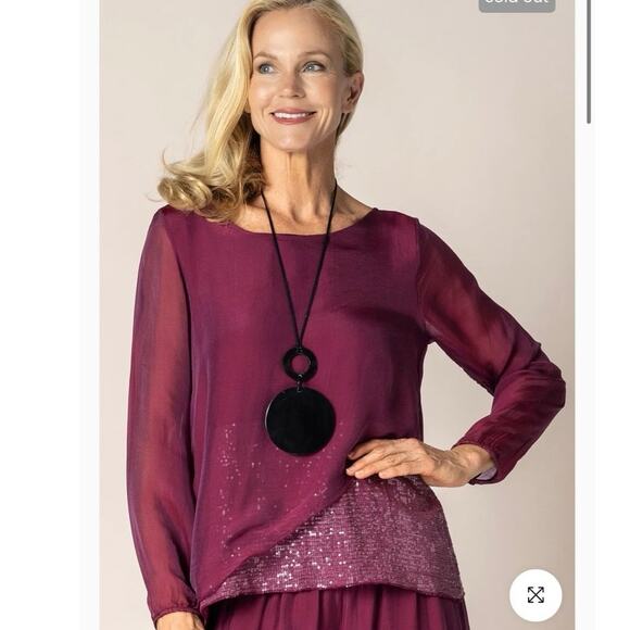 MADE IN ITALY Tops - Italian Silk Sequin Sheer Blouse Mulberry Wine Tunic Top Boho Sz M Quiet Luxury